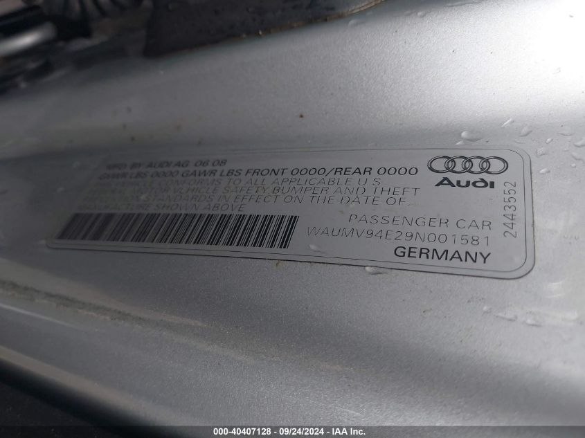 2009 Audi A8 L 4.2 VIN: WAUMV94E29N001581 Lot: 40407128