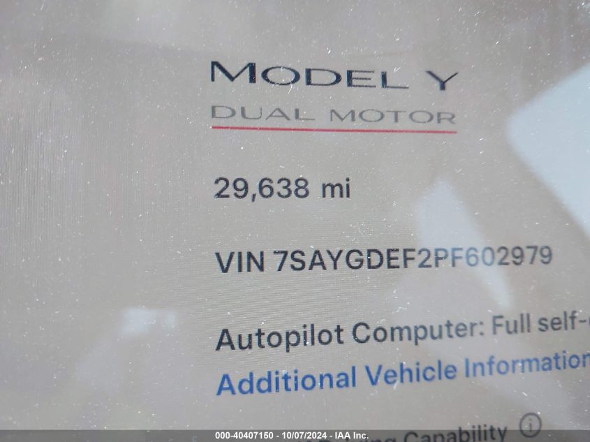 2023 Tesla Model Y Awd/Performance Dual Motor All-Wheel Drive VIN: 7SAYGDEF2PF602979 Lot: 40407150