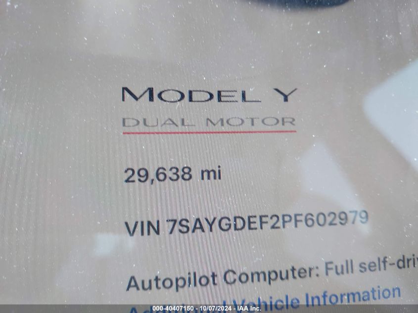 2023 Tesla Model Y Awd/Performance Dual Motor All-Wheel Drive VIN: 7SAYGDEF2PF602979 Lot: 40407150