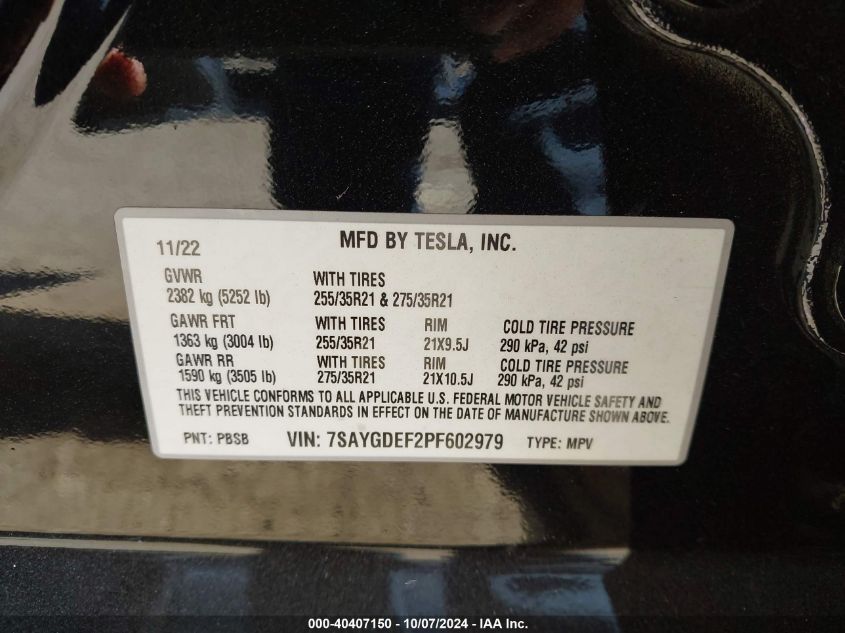 2023 Tesla Model Y Awd/Performance Dual Motor All-Wheel Drive VIN: 7SAYGDEF2PF602979 Lot: 40407150