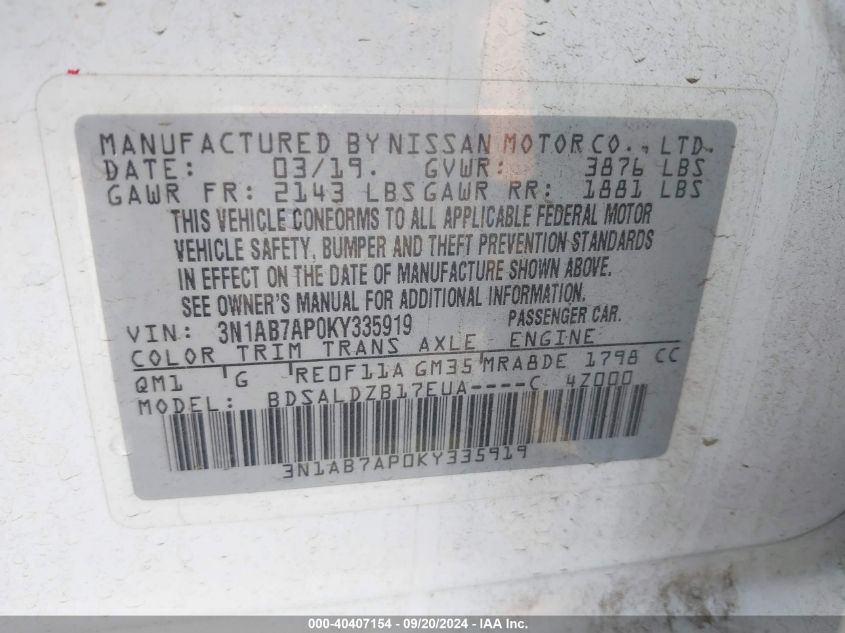 3N1AB7AP0KY335919 2019 Nissan Sentra Sv