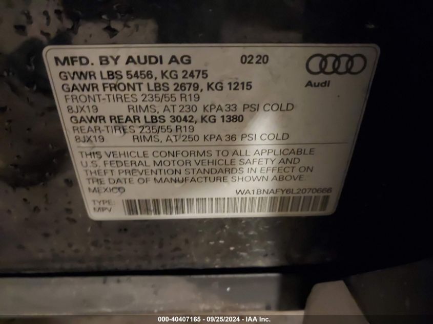 2020 Audi Q5 Premium Plus 45 Tfsi Quattro S Tronic VIN: WA1BNAFY6L2070666 Lot: 40407165