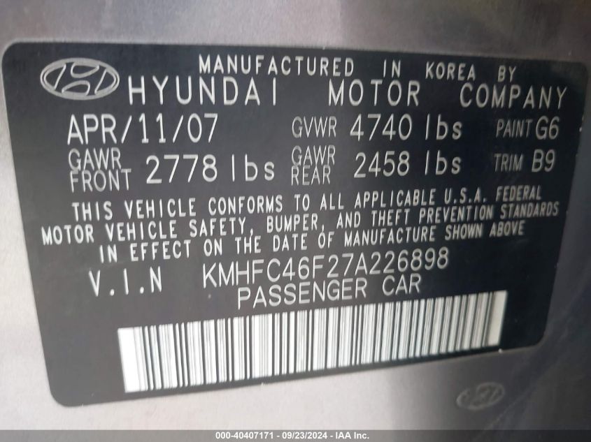 KMHFC46F27A226898 2007 Hyundai Azera Se/Limited