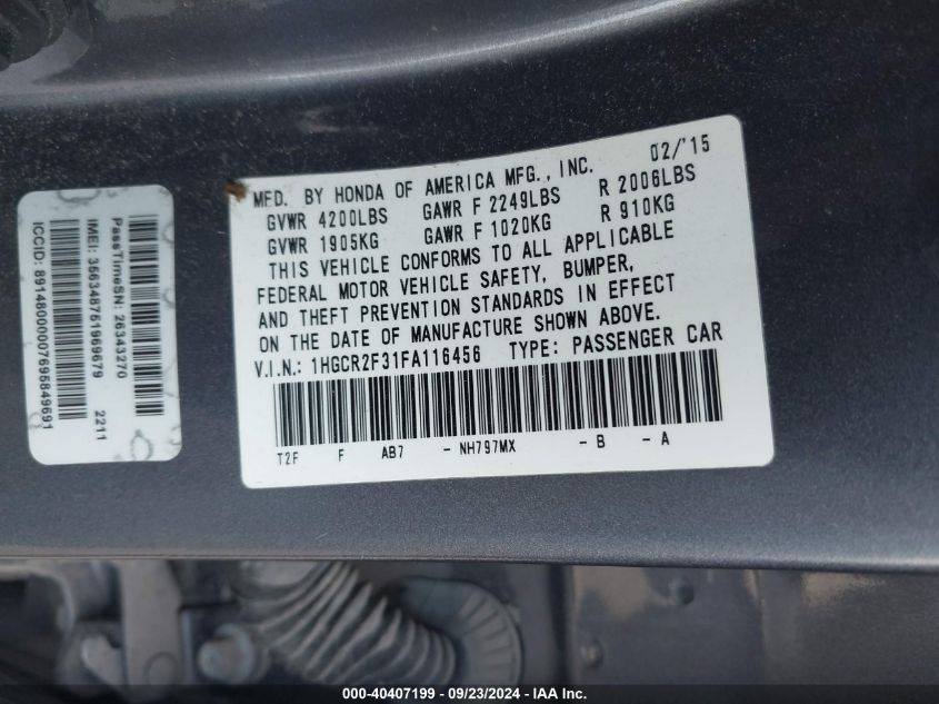 1HGCR2F31FA116456 2015 Honda Accord Lx