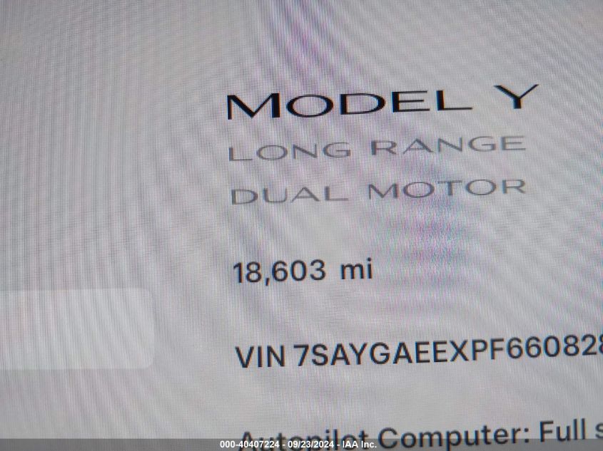 2023 Tesla Model Y Awd/Long Range Dual Motor All-Wheel Drive VIN: 7SAYGAEEXPF660828 Lot: 40407224