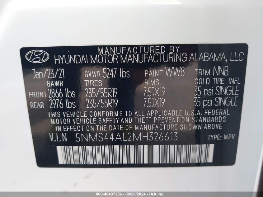 2021 Hyundai Santa Fe Limited VIN: 5NMS44AL2MH326613 Lot: 40407256