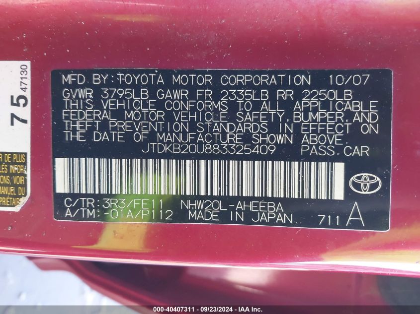 2008 Toyota Prius VIN: JTDKB20U883325409 Lot: 40407311