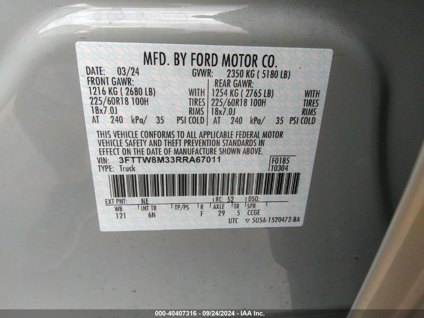 3FTTW8M33RRA67011 2024 Ford Maverick Lariat