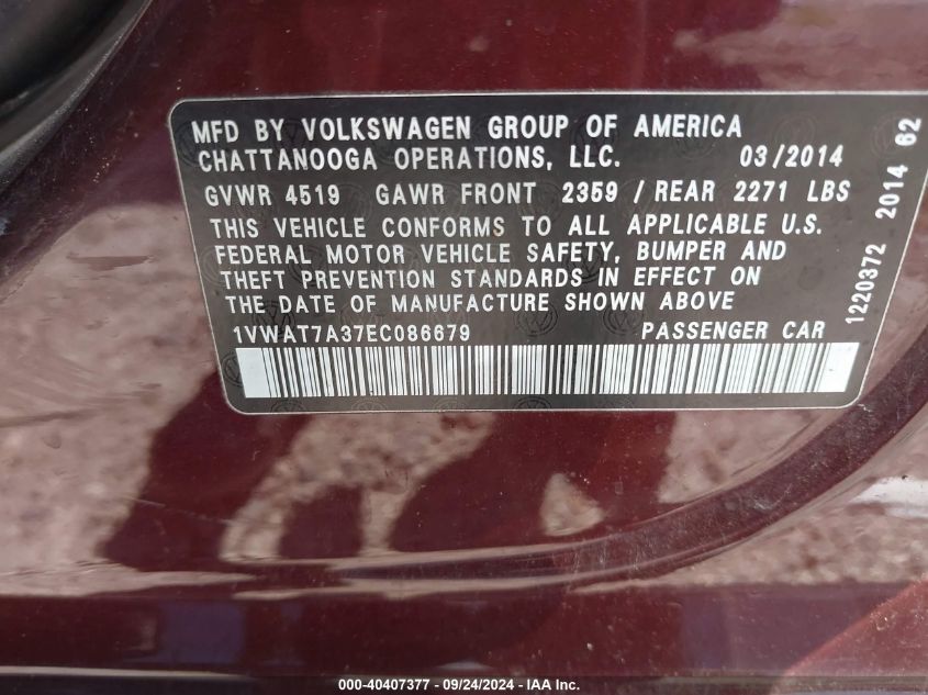 1VWAT7A37EC086679 2014 Volkswagen Passat S