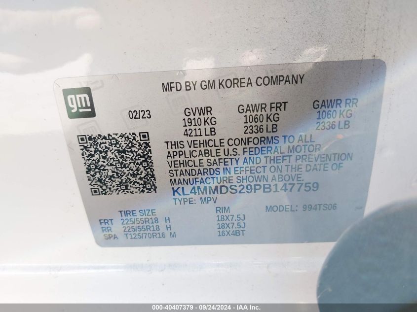 2023 Buick Encore Gx Select Fwd VIN: KL4MMDS29PB147759 Lot: 40407379