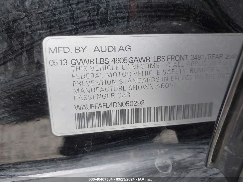 2013 Audi A4 Premium Plus VIN: WAUFFAFL4DN050292 Lot: 40407384