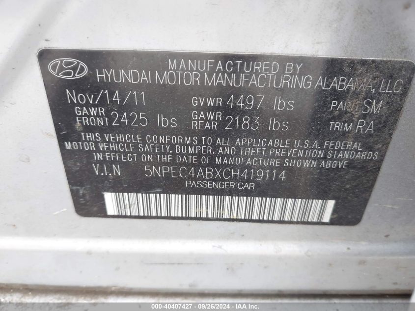 5NPEC4ABXCH419114 2012 Hyundai Sonata Se 2.0T