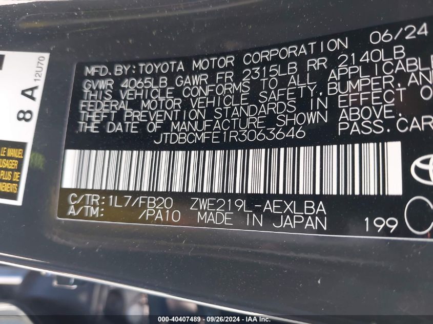 2024 Toyota Corolla Hybrid Le VIN: JTDBCMFE1R3063646 Lot: 40407489