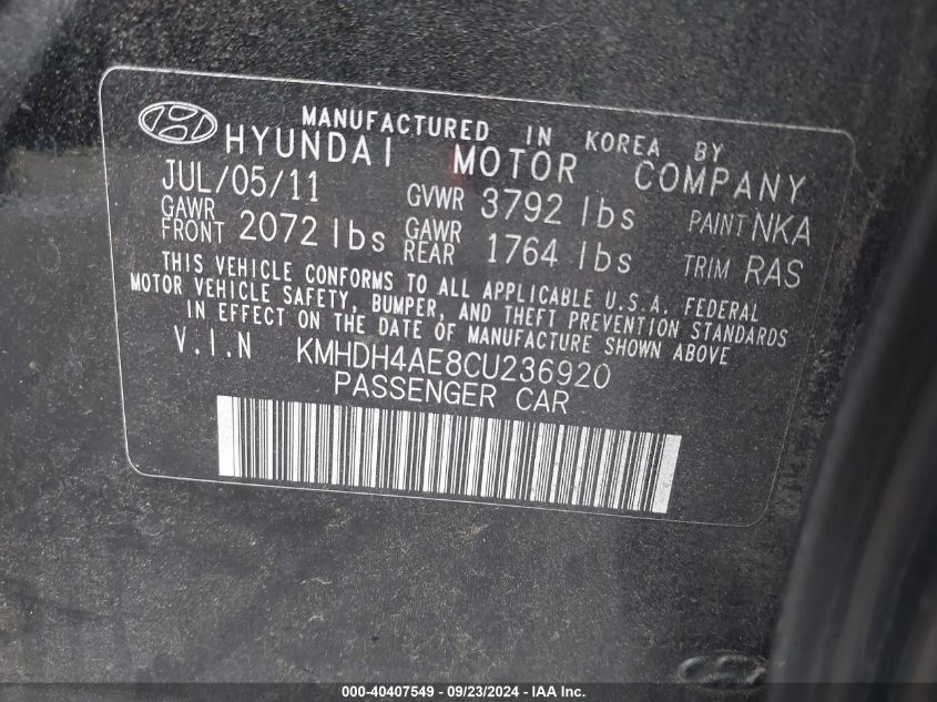 KMHDH4AE8CU236920 2012 Hyundai Elantra Gls/Limited