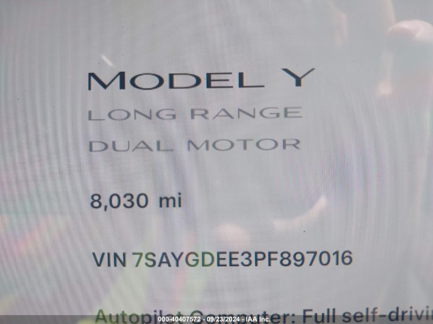 2023 Tesla Model Y VIN: 7SAYGDEE3PF897016 Lot: 40407572