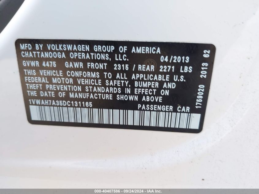 1VWAH7A35DC131165 2013 Volkswagen Passat S