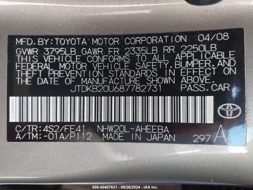 2008 Toyota Prius VIN: JTDKB20U687782731 Lot: 40407631