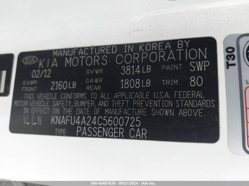 KNAFU4A24C5600725 2012 Kia Forte Ex