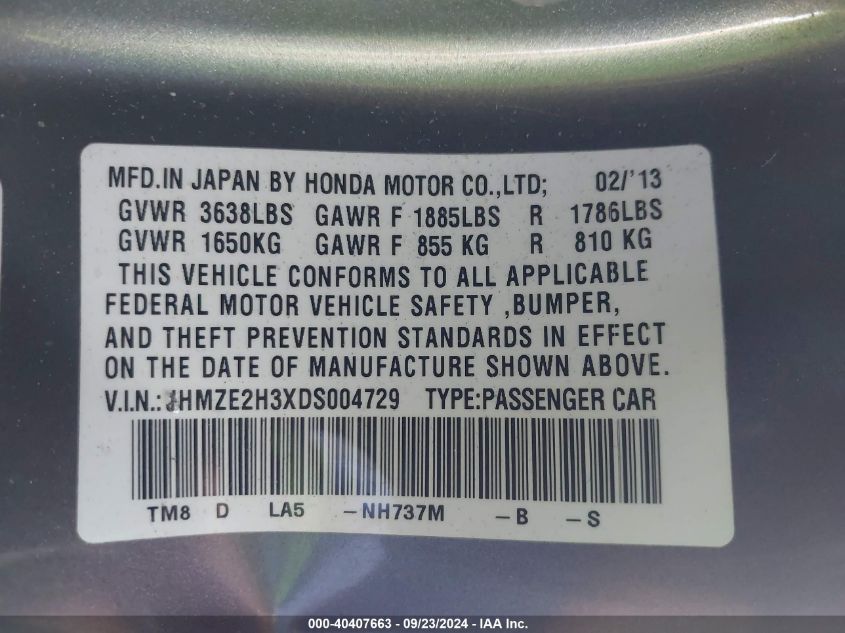 2013 Honda Insight VIN: JHMZE2H3XDS004729 Lot: 40407663