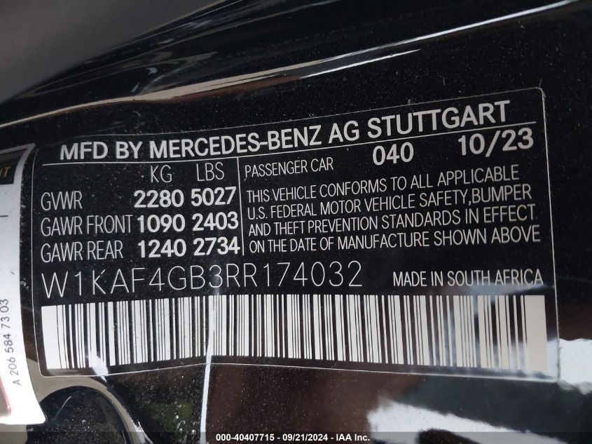 2024 Mercedes-Benz C 300 VIN: W1KAF4GB3RR174032 Lot: 40407715