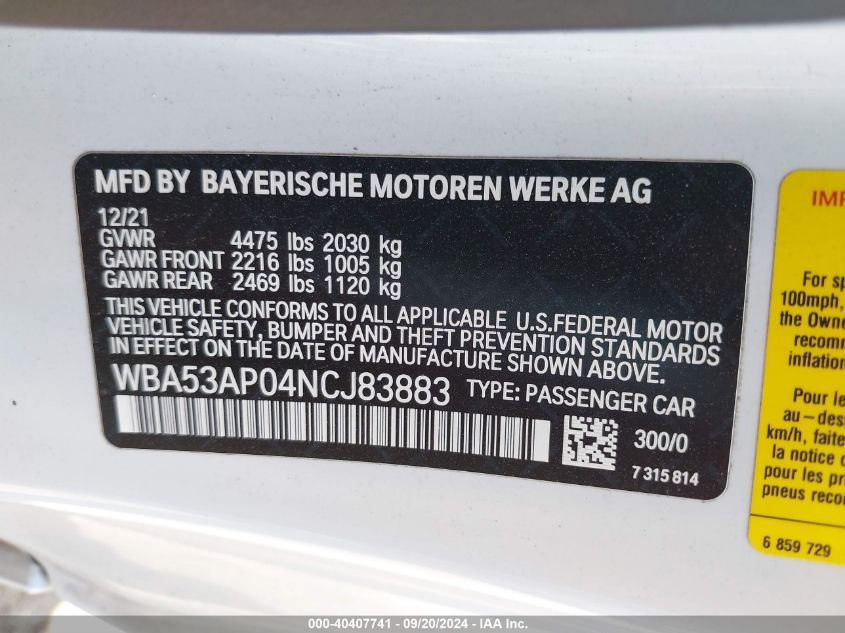 2022 BMW 430I VIN: WBA53AP04NCJ83883 Lot: 40407741