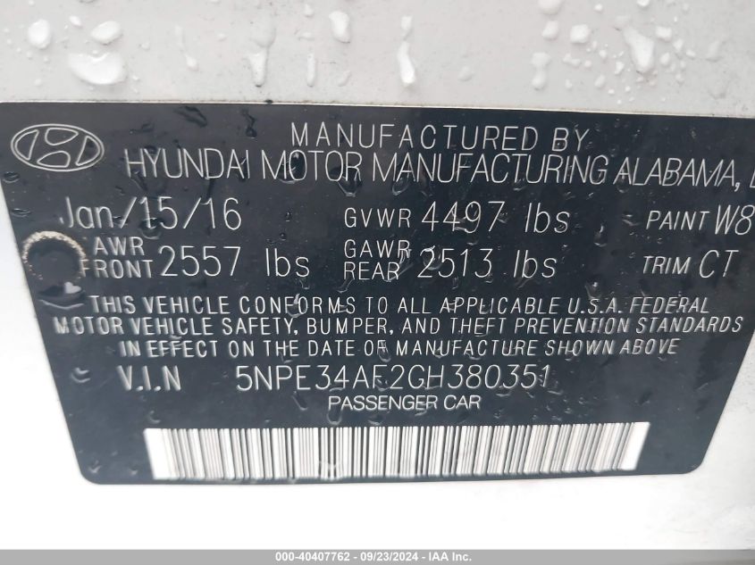 5NPE34AF2GH380351 2016 Hyundai Sonata Sport