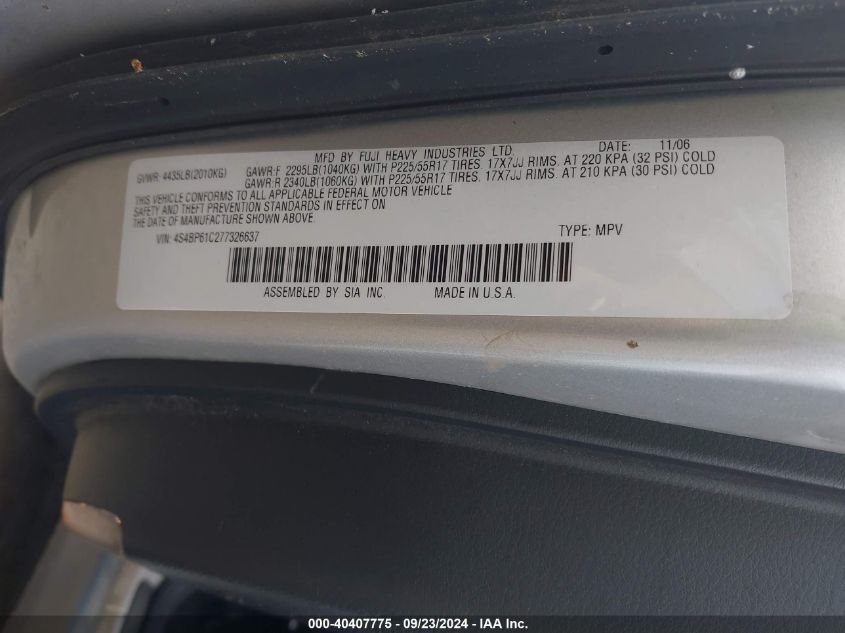 4S4BP61C277326637 2007 Subaru Outback 2.5I