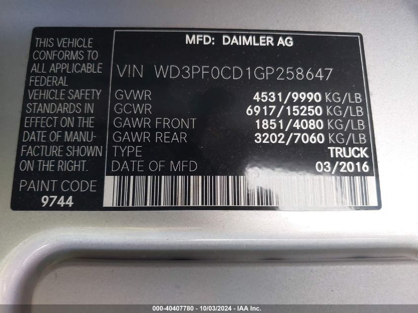 WD3PF0CD1GP258647 2016 Mercedes-Benz Sprinter 3500 High Roof