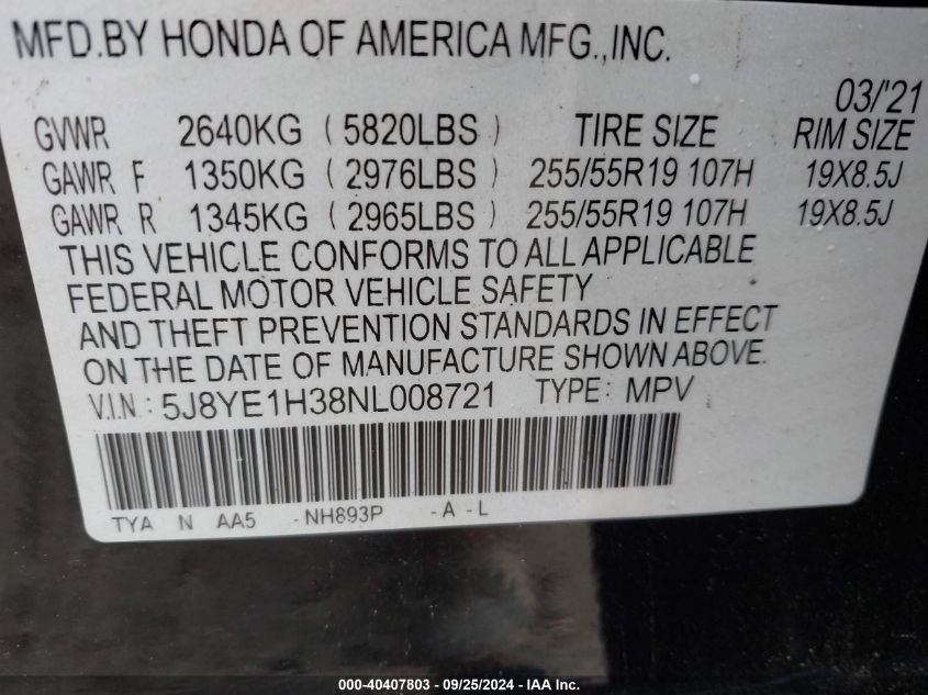 5J8YE1H38NL008721 2022 Acura Mdx Standard