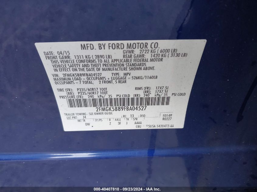 2FMGK5B89FBA04527 2015 Ford Flex Se