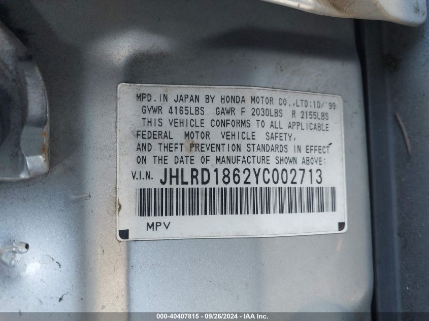 2000 Honda Cr-V Ex VIN: JHLRD1862YC002713 Lot: 40407815