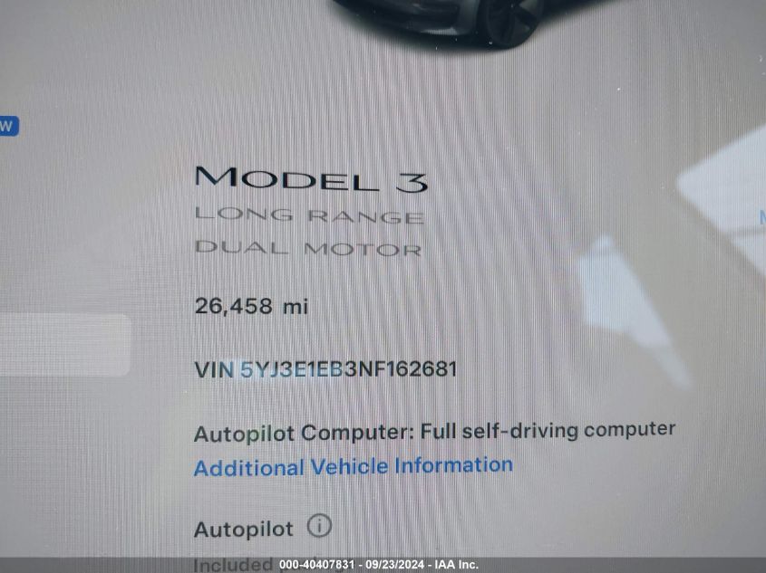 2022 Tesla Model 3 VIN: 5YJ3E1EB3NF162681 Lot: 40407831