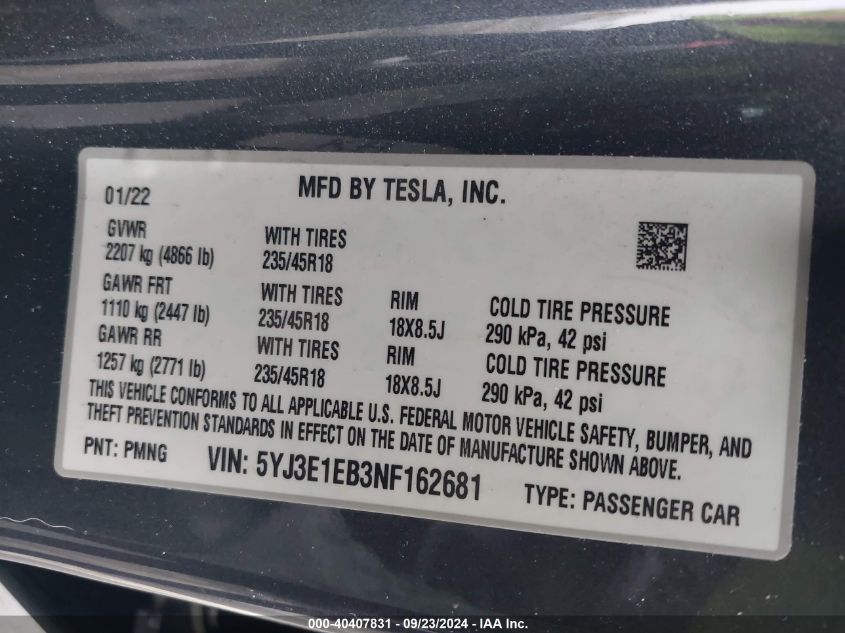 2022 Tesla Model 3 VIN: 5YJ3E1EB3NF162681 Lot: 40407831