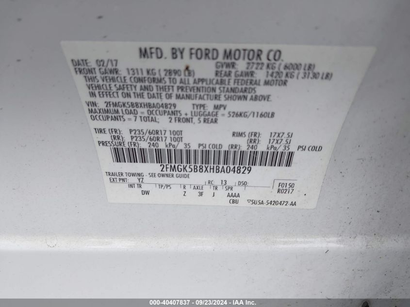 2FMGK5B8XHBA04829 2017 Ford Flex Se