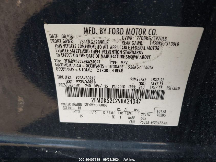 2FMDK52C29BA24047 2009 Ford Flex Sel