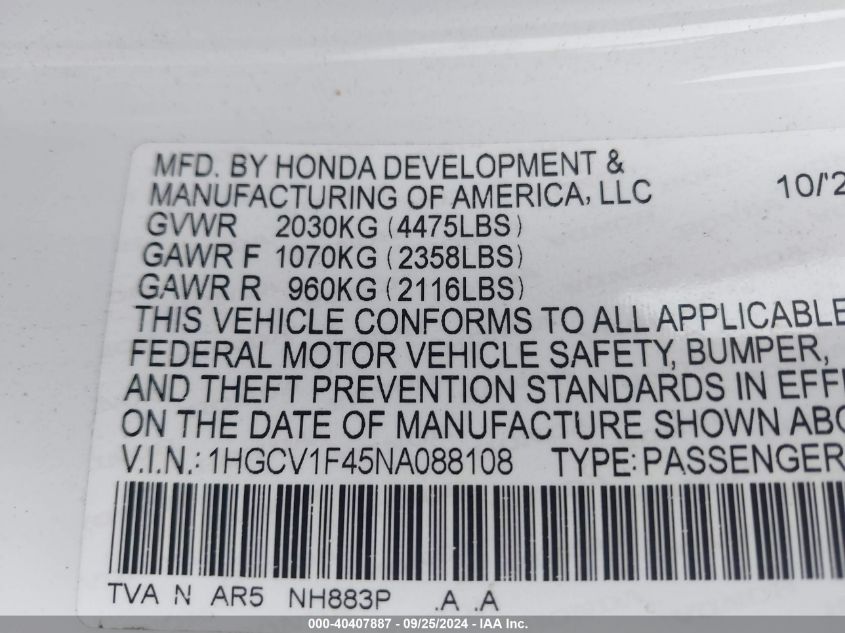 VIN 1HGCV1F45NA088108 2022 Honda Accord, Sport Spec... no.9