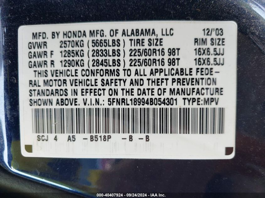 5FNRL18994B054301 2004 Honda Odyssey Ex-L