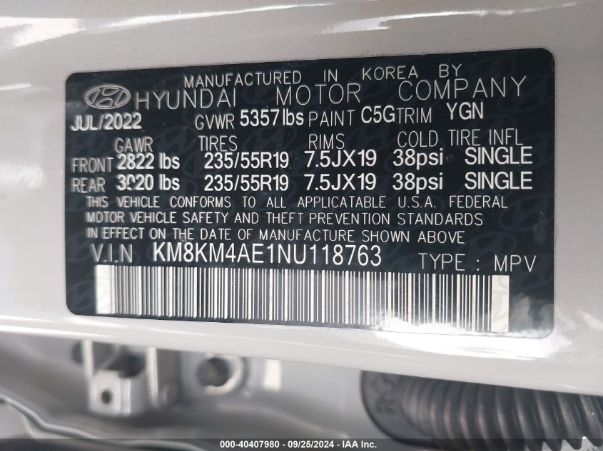 KM8KM4AE1NU118763 2022 Hyundai Ioniq 5 Se