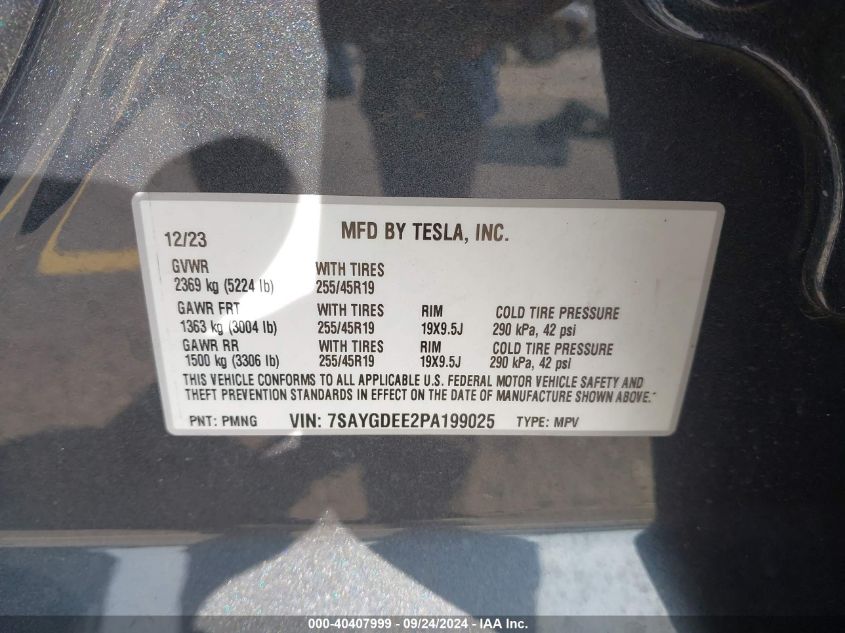 2023 Tesla Model Y Awd/Long Range Dual Motor All-Wheel Drive VIN: 7SAYGDEE2PA199025 Lot: 40407999