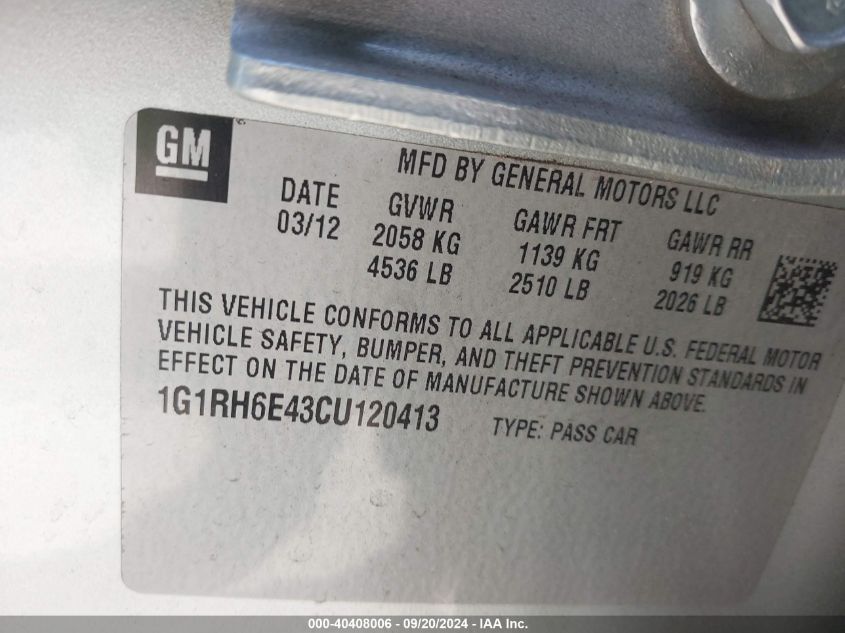 1G1RH6E43CU120413 2012 Chevrolet Volt