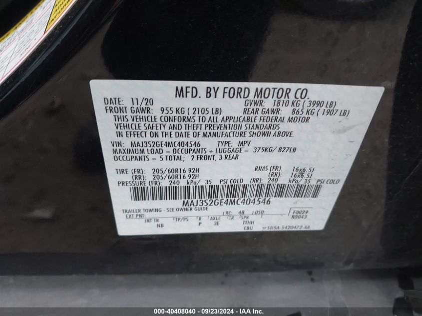 MAJ3S2GE4MC404546 2021 Ford Ecosport Se