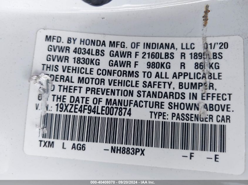 19XZE4F94LE007874 2020 Honda Insight Touring