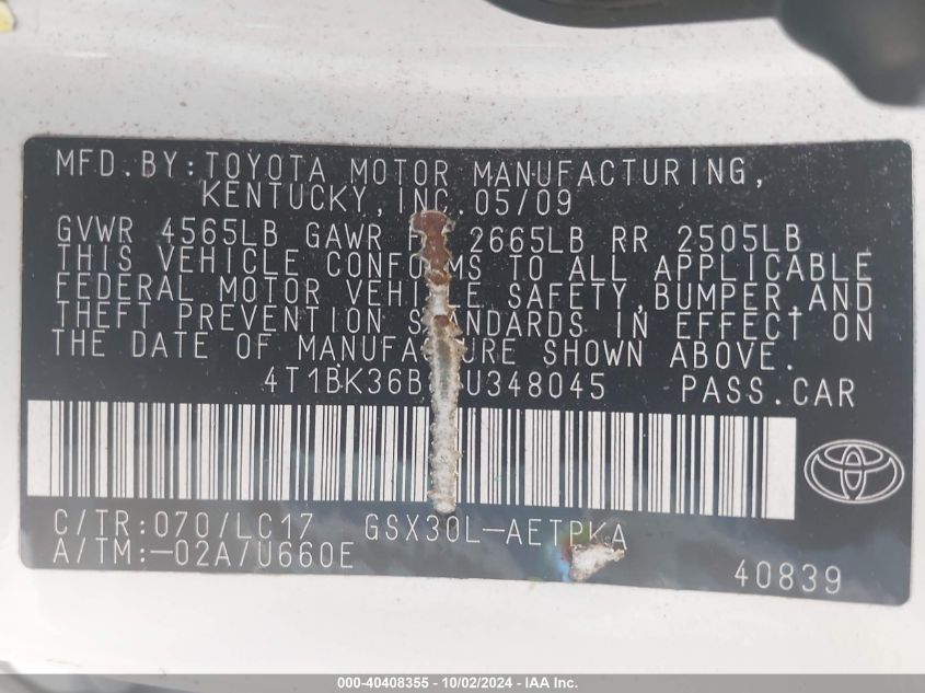 4T1BK36B89U348045 2009 Toyota Avalon Limited