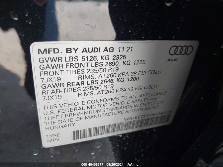 WA1EECF3XN1048126 2022 Audi Q3 Premium Plus 45 Tfsi S Line Quattro Tiptronic