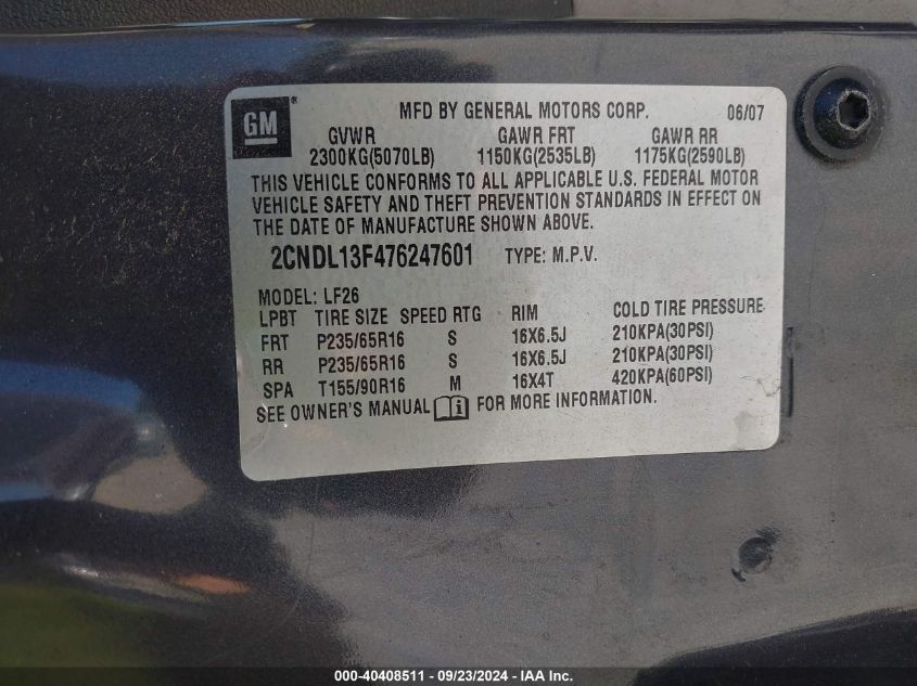 2CNDL13F476247601 2007 Chevrolet Equinox Ls