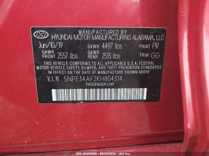 5NPE34AF2KH804314 2019 Hyundai Sonata Sel