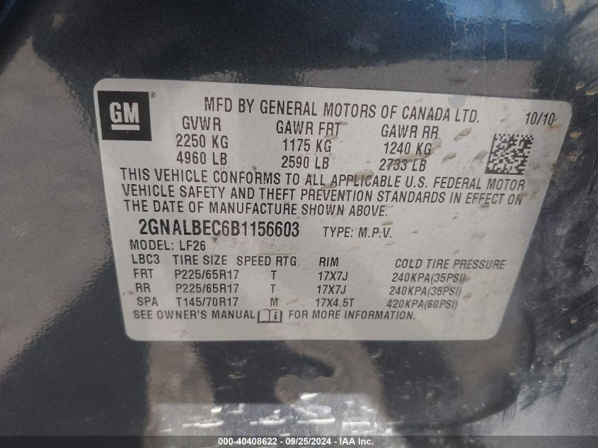 2GNALBEC6B1156603 2011 Chevrolet Equinox Ls