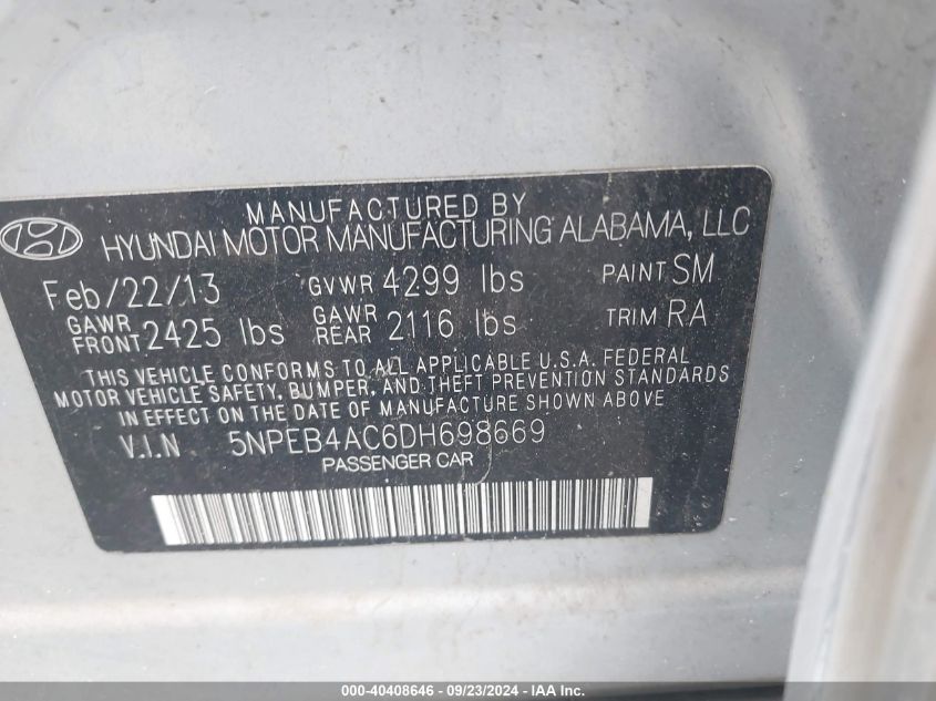 5NPEB4AC6DH698669 2013 Hyundai Sonata Gls