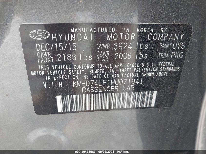 2017 Hyundai Elantra Se VIN: KMHD74LF1HU071941 Lot: 40408663