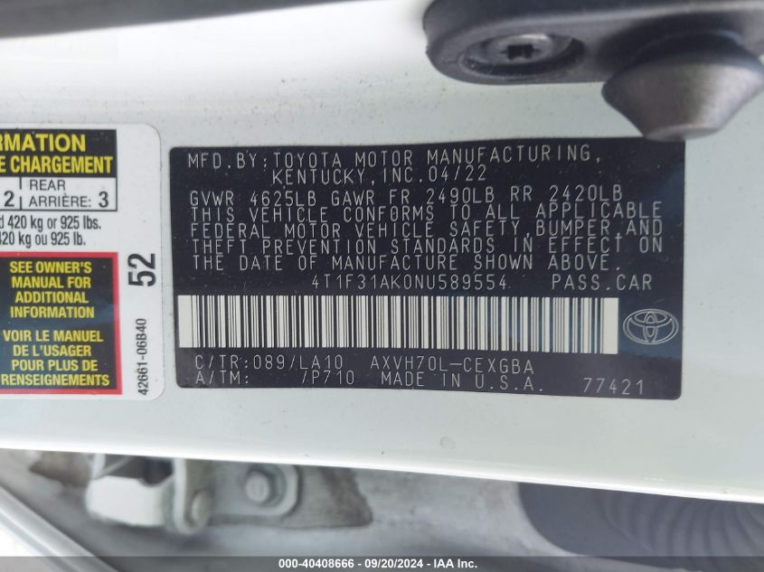 4T1F31AK0NU589554 2022 Toyota Camry Xle Hybrid